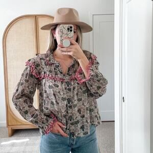 Isabel Marant Etoile Paisley Ruffle Long Sleeve Button Down Top